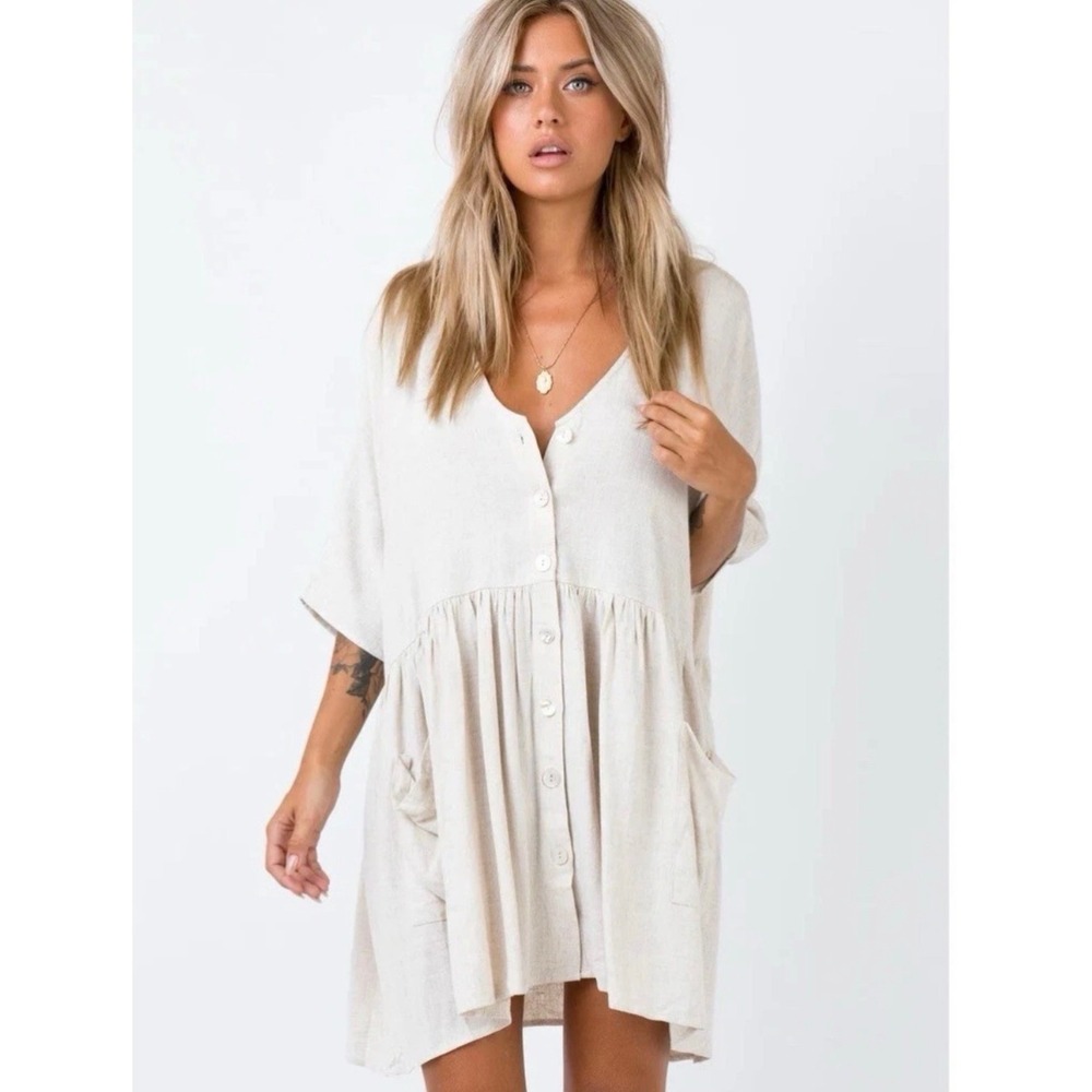 Princess Polly S | M The Sandy Mini Dress Babydoll 100% Cotton Beige Lagenlook